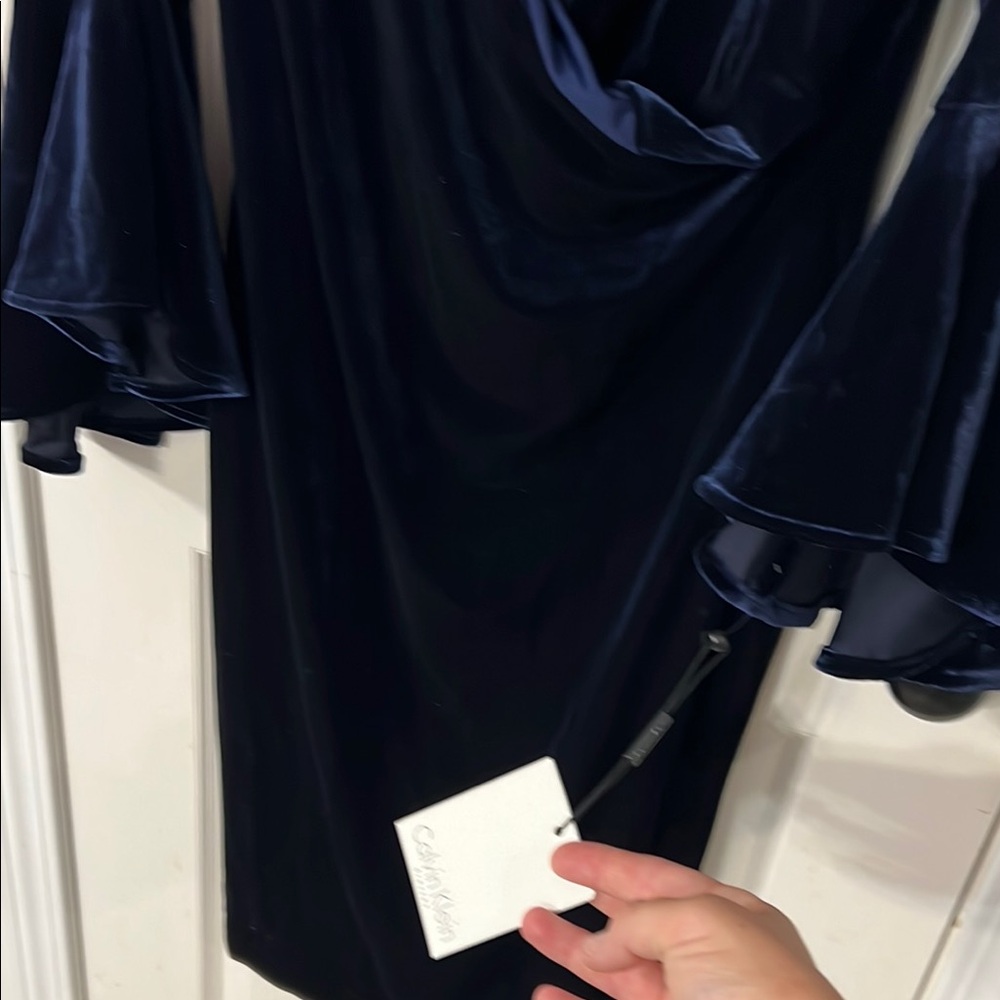 Calvin Klein Navy Velvet Dress with Flared Sleeves